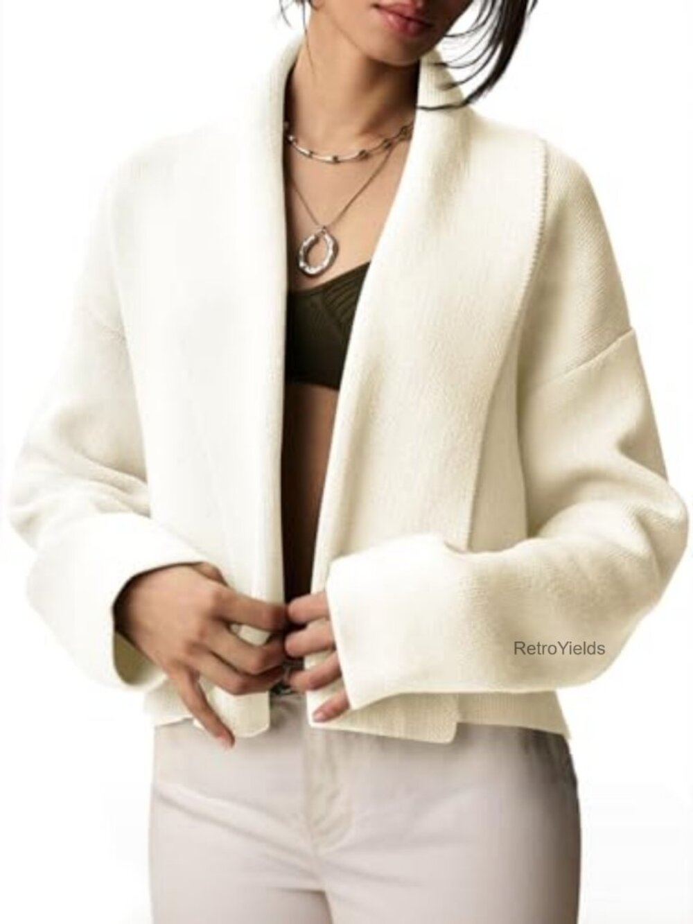 Cropped Open Front Cardigan Long Sleeve Lapel Collar Soft Knit Sweater